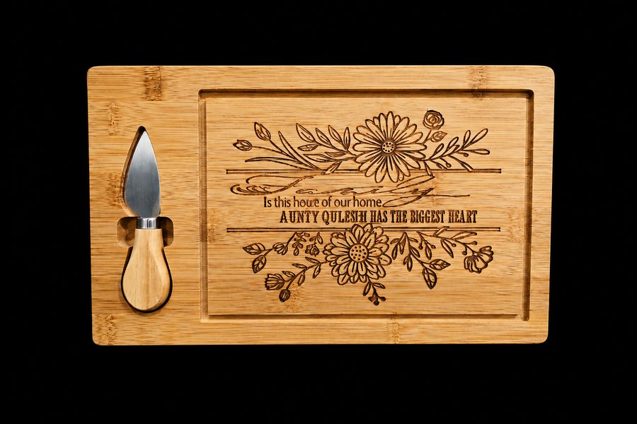 Rectangular engraved wooden cheese board with floral design and a heartfelt family quote