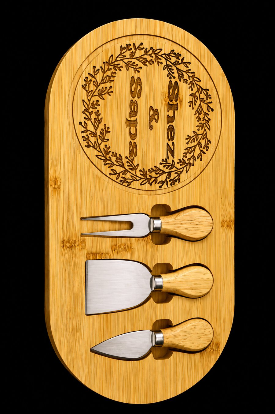 Oval engraved wooden cheese board with three-piece knife set