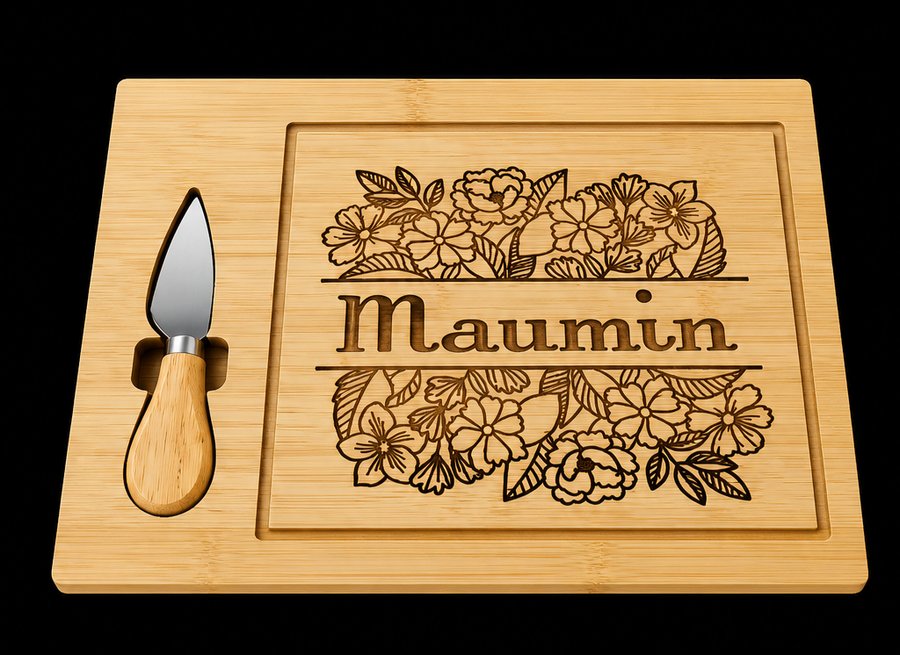 Engraved wooden cheese board with floral name plate reading Maumin and matching cheese knife