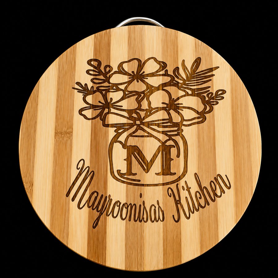 Round engraved wooden board with handle and floral jar monogram reading Mayroonisas Kitchen