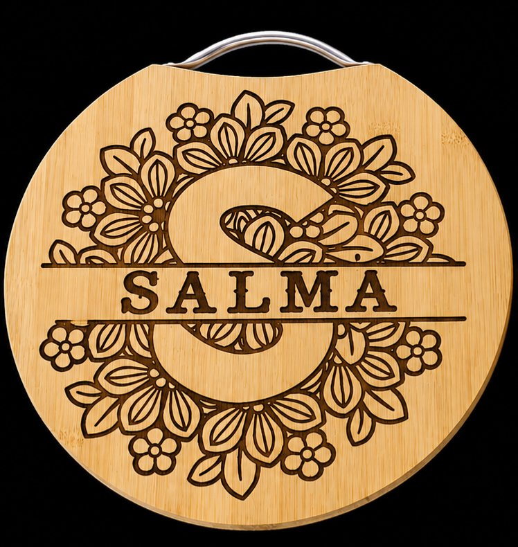 Round engraved wooden board with wire handle, floral monogram S and name Salma