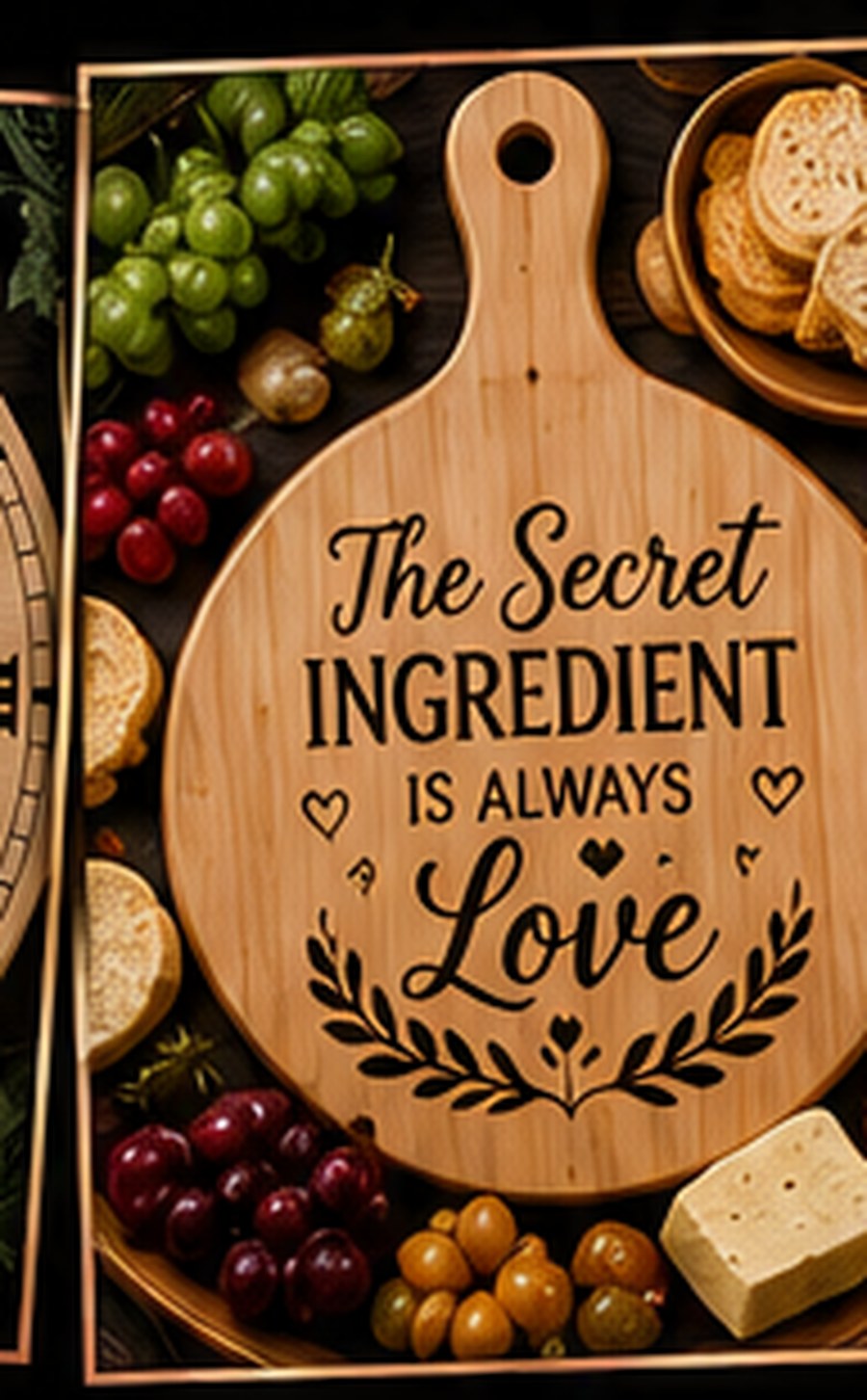 Round engraved wooden serving board with charcuterie spread reading The Secret Ingredient is Always Love