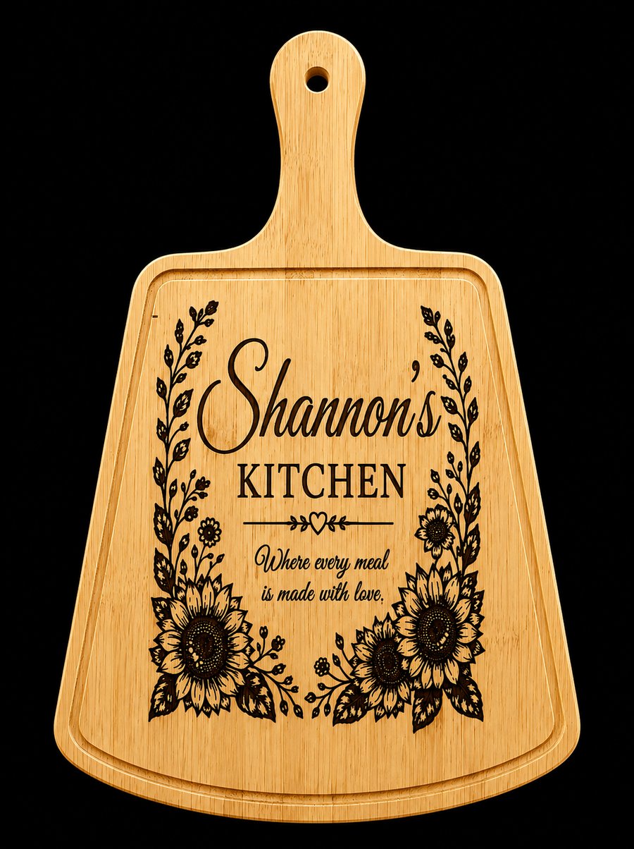 Engraved wooden paddle board with sunflowers reading Shannon's Kitchen