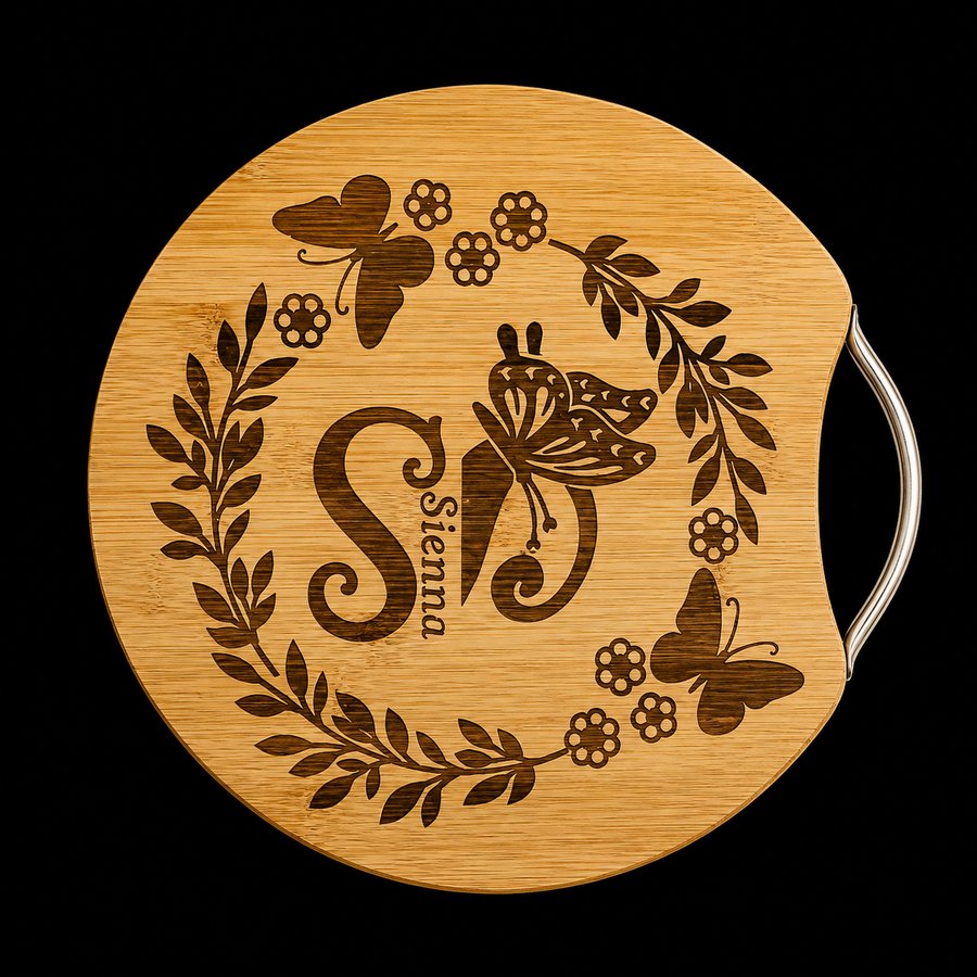 Round engraved wooden board with metal handle, butterflies and floral monogram S reading Sienna