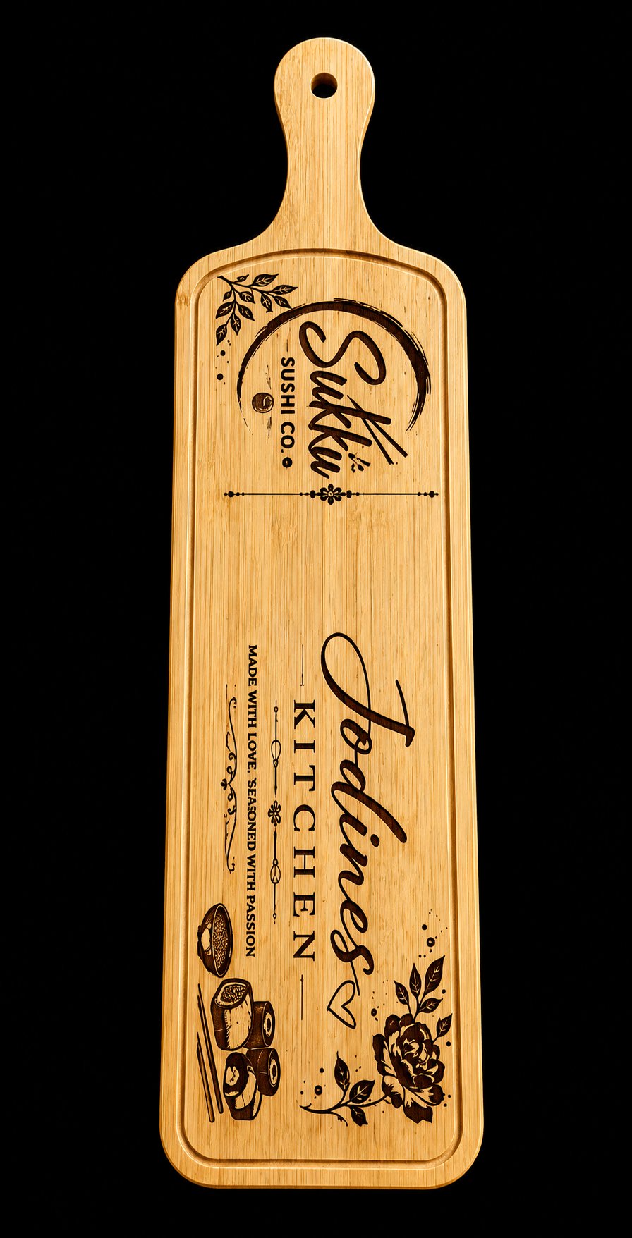 Long engraved wooden paddle board for Sukku Sushi Co. and Jodines Kitchen