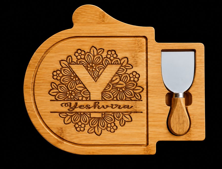 Engraved wooden cheese board with cheese knife and floral monogram Y reading Yeshvira