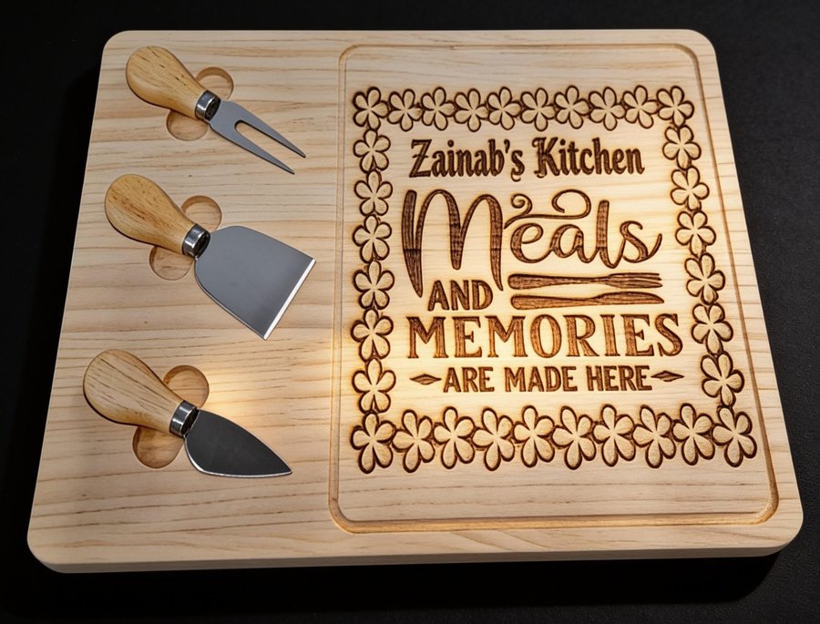 Rectangular engraved wooden cheese board with three knives reading Zainab's Kitchen, Meals and Memories are made here