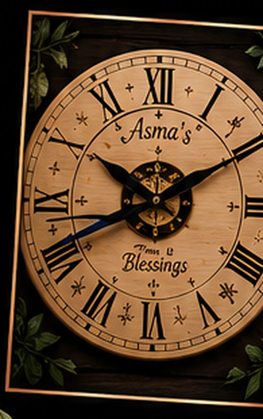 Round Roman numeral engraved wooden wall clock reading Asma's, Time is Blessings