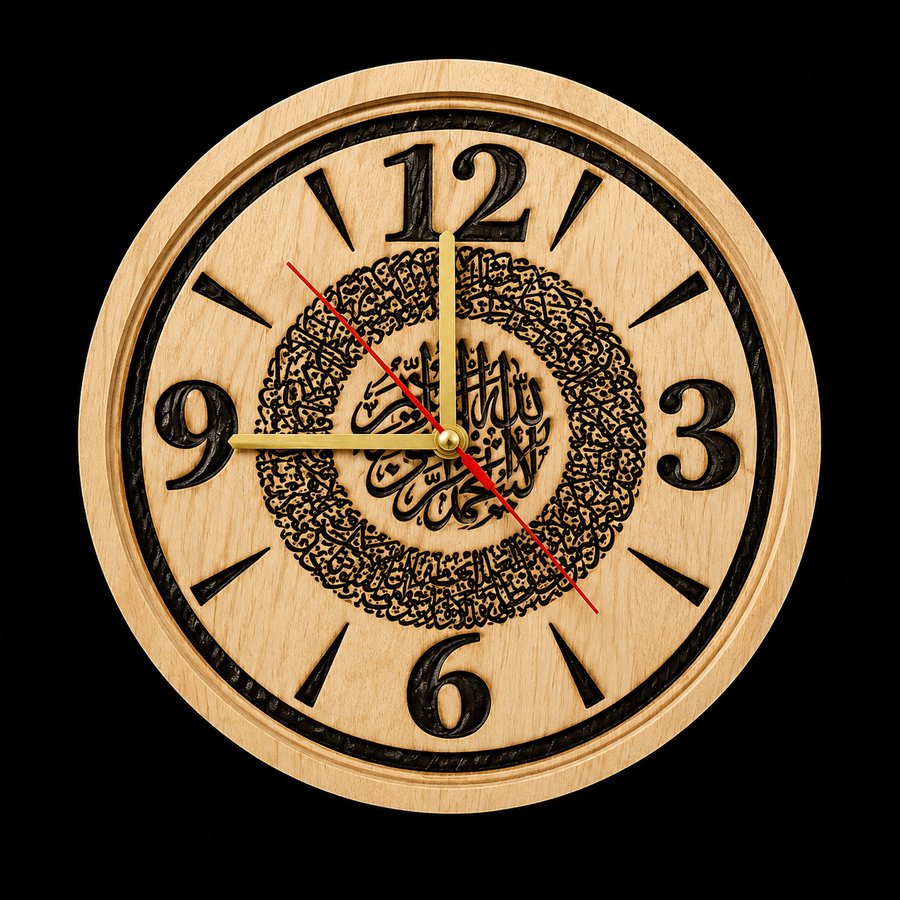 Round engraved wooden wall clock with Arabic calligraphy medallion