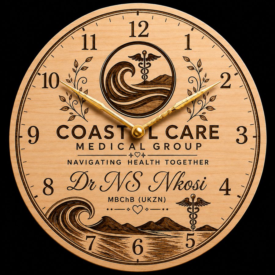 Engraved wooden wall clock for Coastal Care Medical Group with wave and caduceus design