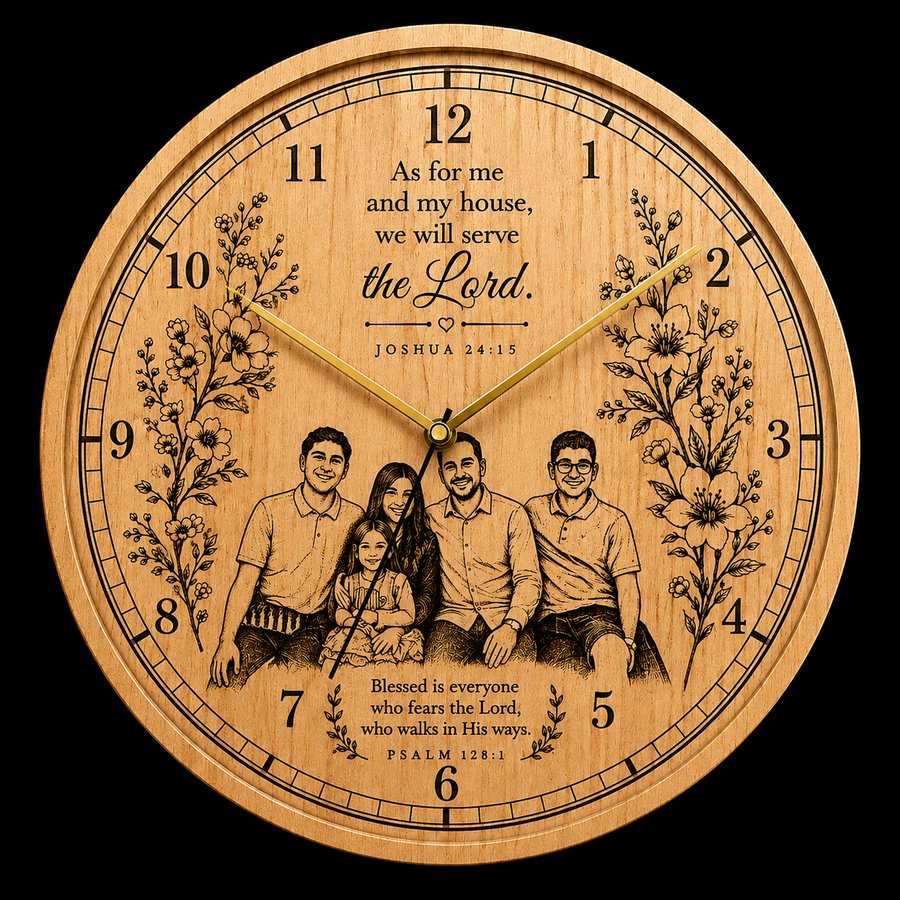 Engraved wooden wall clock with a family portrait and Joshua 24:15 scripture