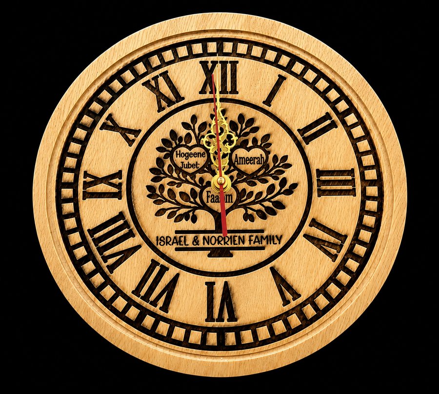 Engraved wooden wall clock with Roman numerals and a family tree design for the Israel and Norrien family