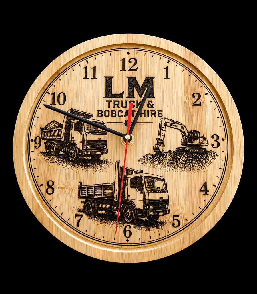 Engraved wooden wall clock for LM Truck and Bobcat Hire featuring trucks and an excavator
