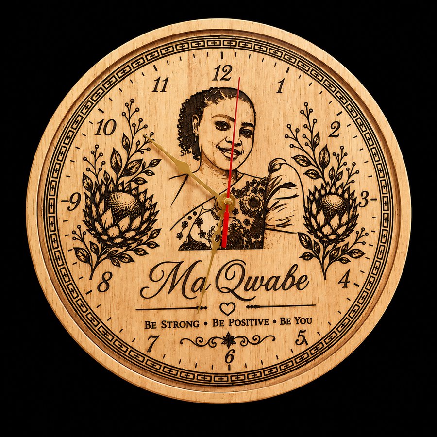 Engraved wooden wall clock with a personalised portrait and protea flowers reading MaQwabe