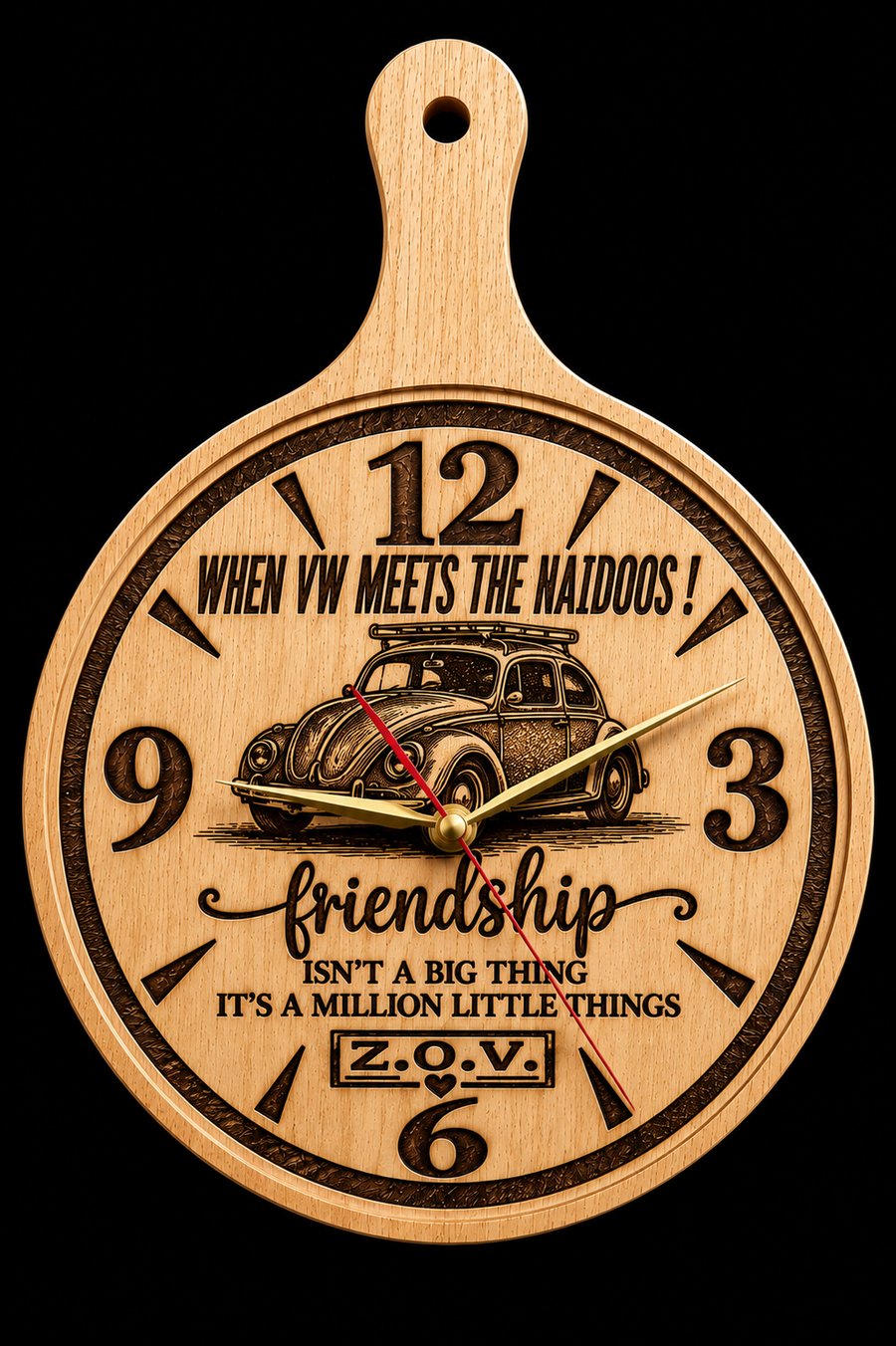Engraved wooden paddle-shaped clock featuring a VW Beetle and a friendship quote