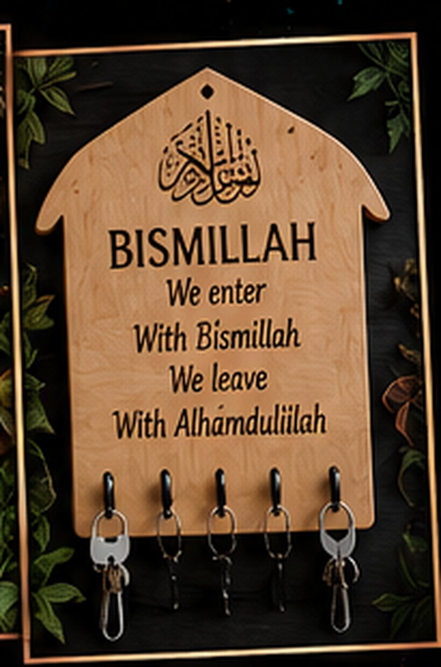 House-shaped engraved wooden key holder with four hooks reading Bismillah, We enter With Bismillah We leave With Alhamdulillah