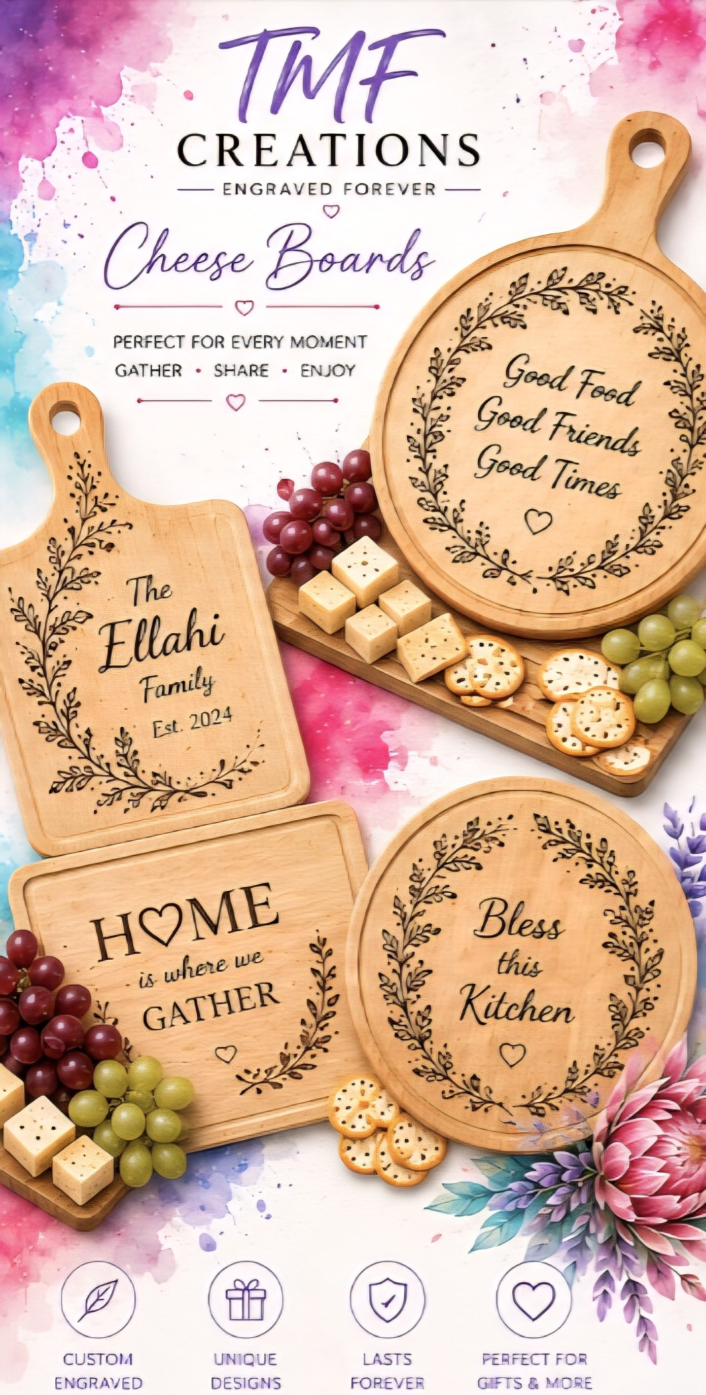 TMF Creations engraved cheese boards including The Ellahi Family, Home is Where We Gather, and Bless This Kitchen designs