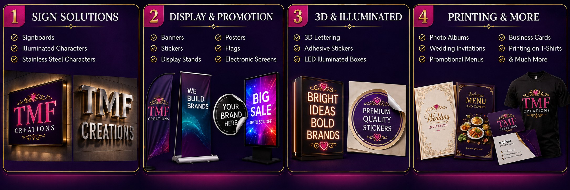 TMF Creations corporate branding services: sign solutions, display and promotion, 3D and illuminated lettering, printing and more