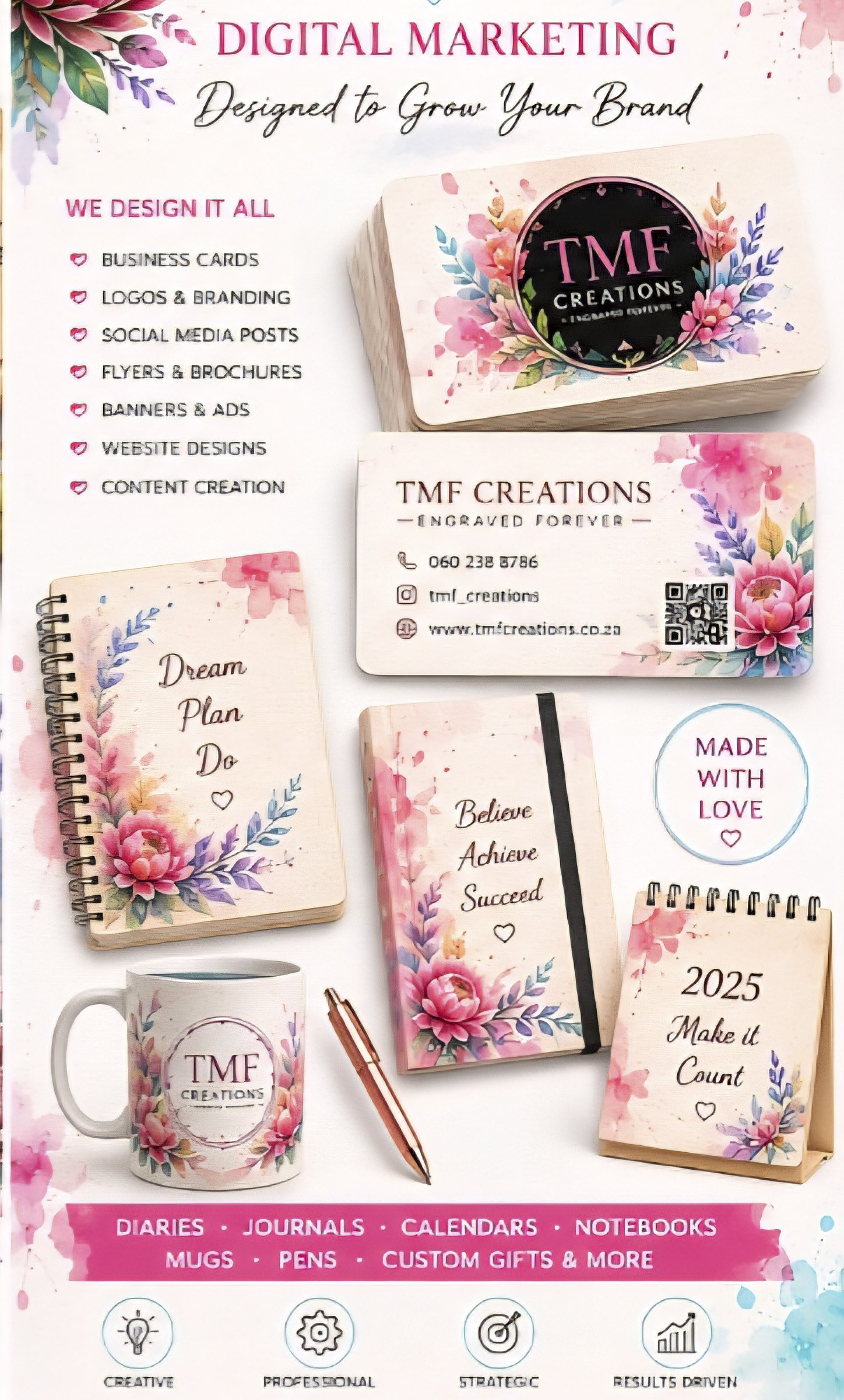TMF Creations digital marketing services including business cards, branding, social media and content creation