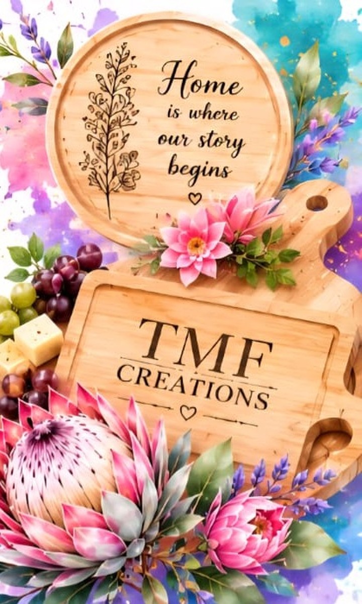 TMF Creations engraved wooden board surrounded by protea flowers, reading Home is where our story begins