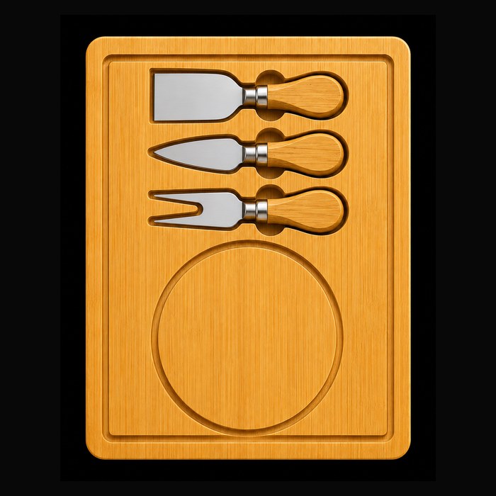 Rectangular cheese board with three knives and a cheese wheel well